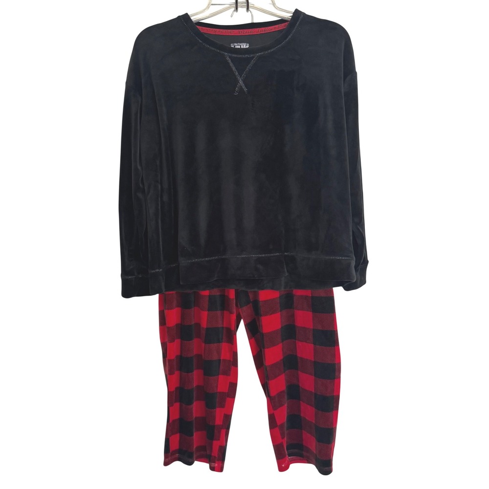 Muk Luks Pajama Set Womens XL Black Red Buffalo Plaid Velour Loungewear Cozy PJs